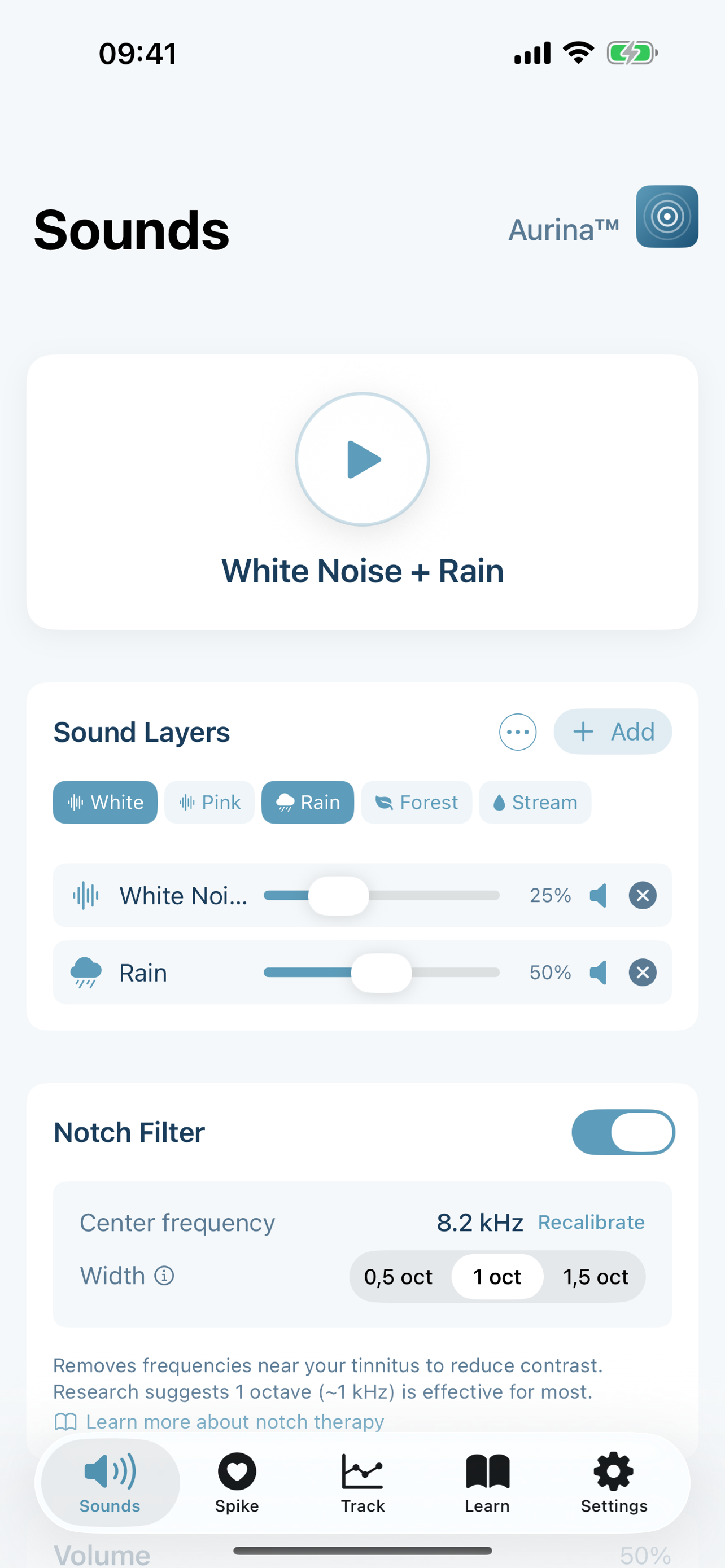 Aurina tinnitus relief app - Sound session with underlay mode