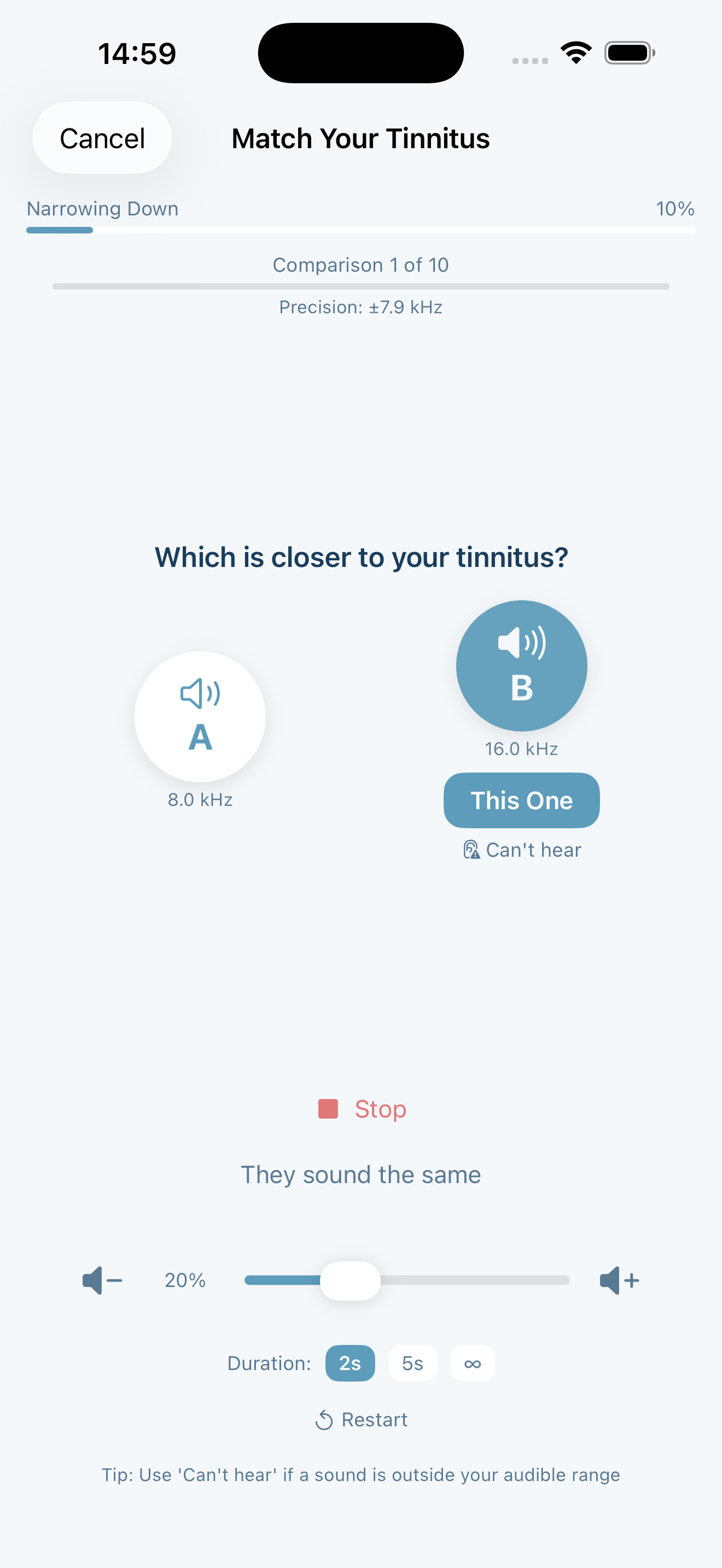 Aurina A-B comparison for tinnitus matching
