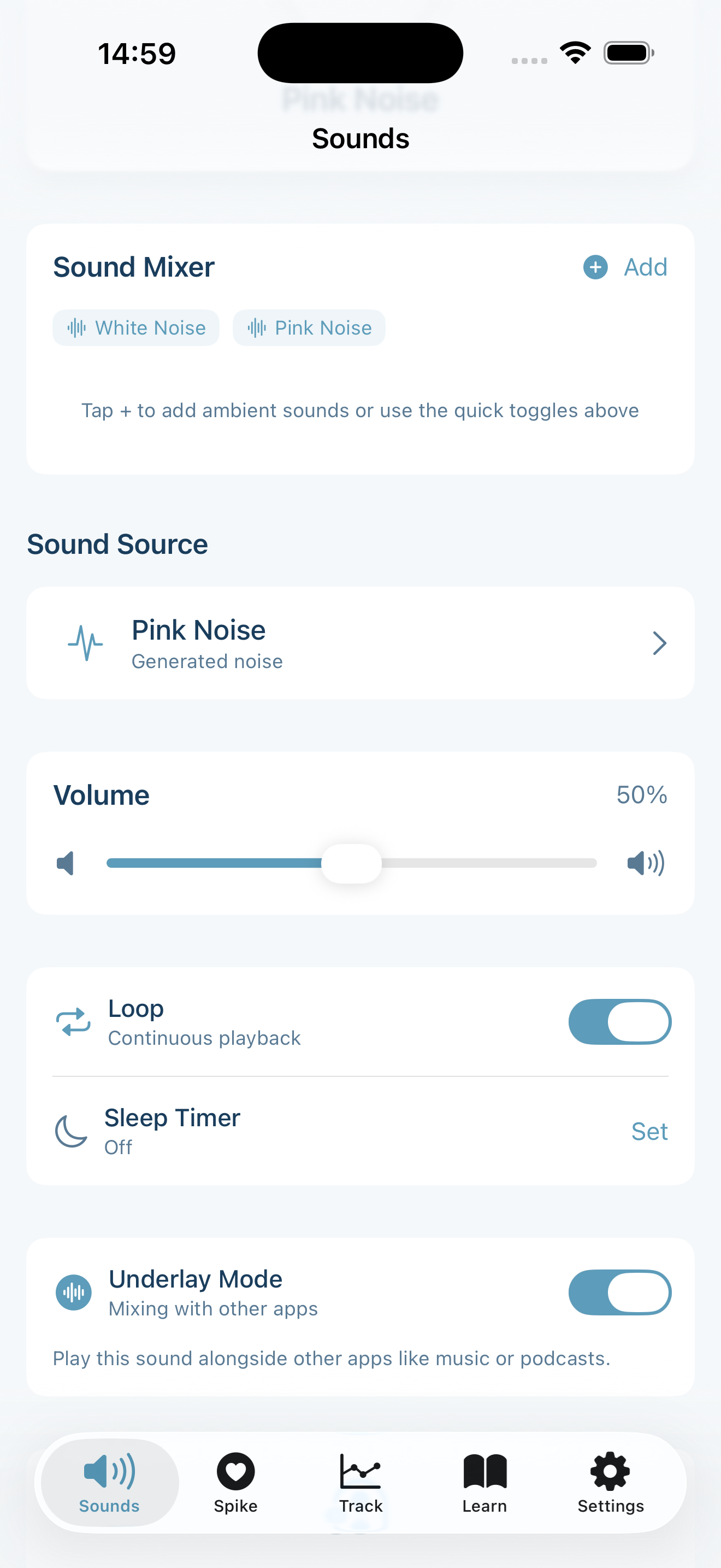Aurina tinnitus relief app - Sound session with underlay mode